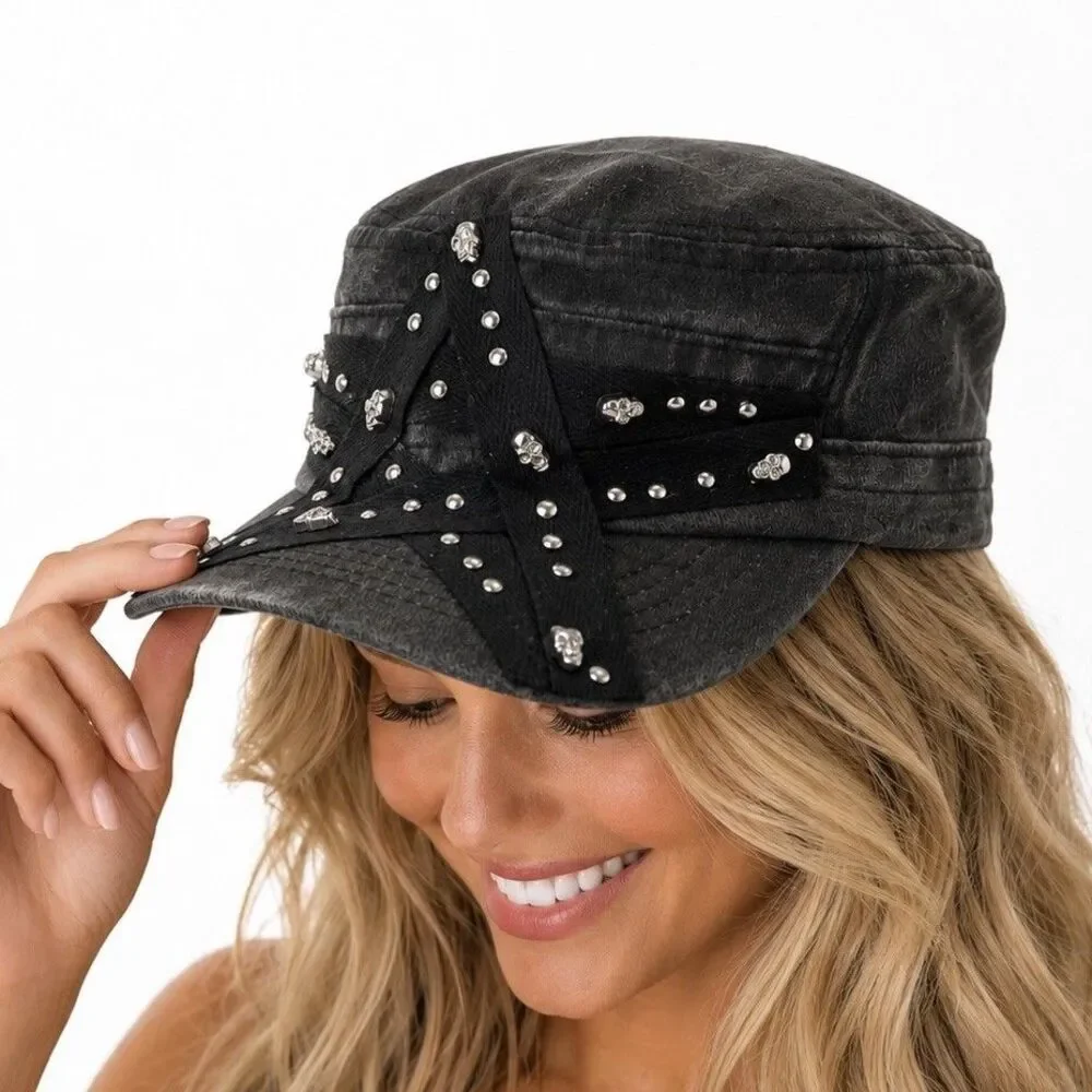 Hot Topic Star Skull Stud Cadet Hat Gray Black Studded Military Cap Adjustable